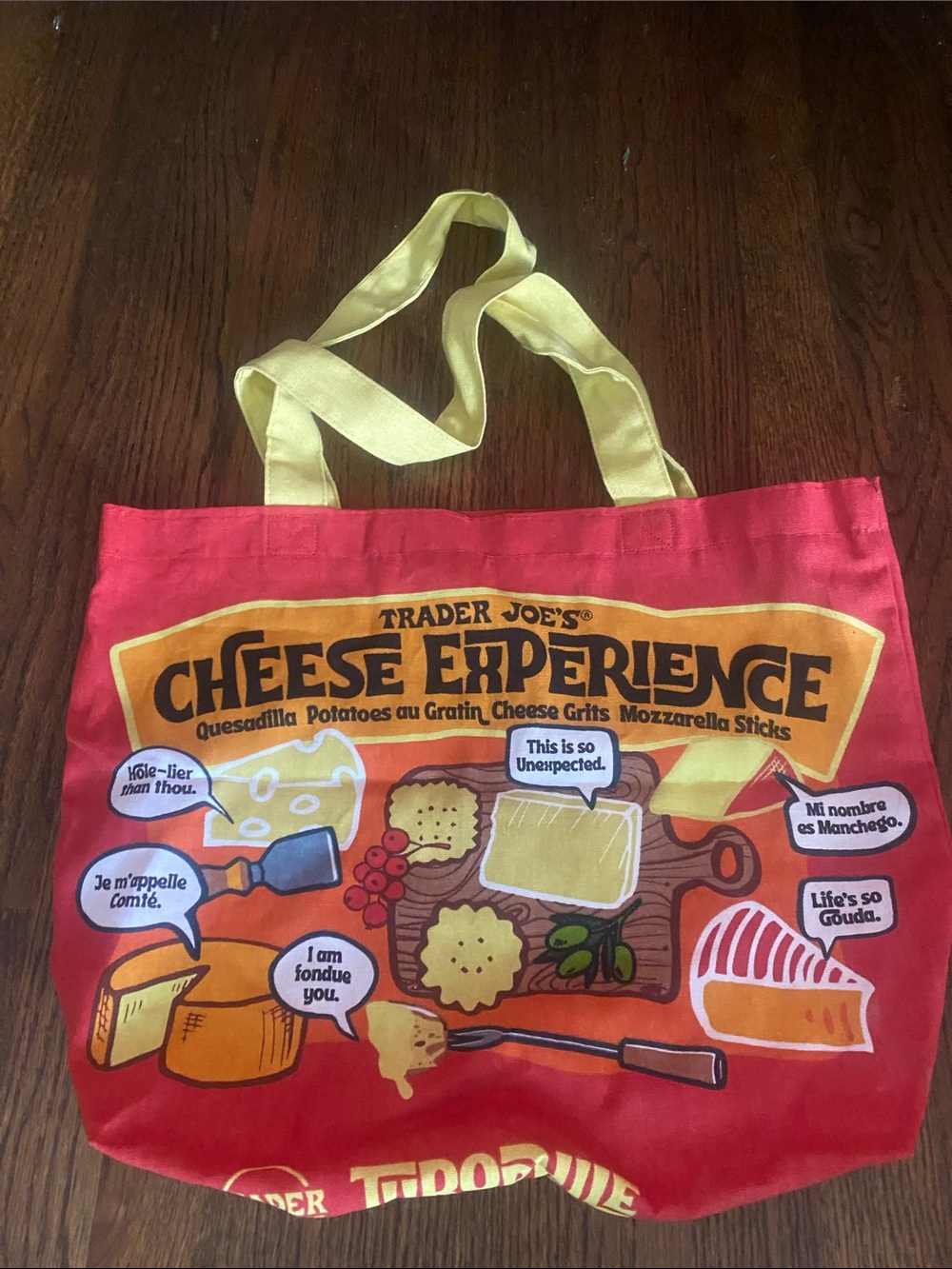 Trader Joe's Cheese Experience Red Tote Bag with Yellow Handles